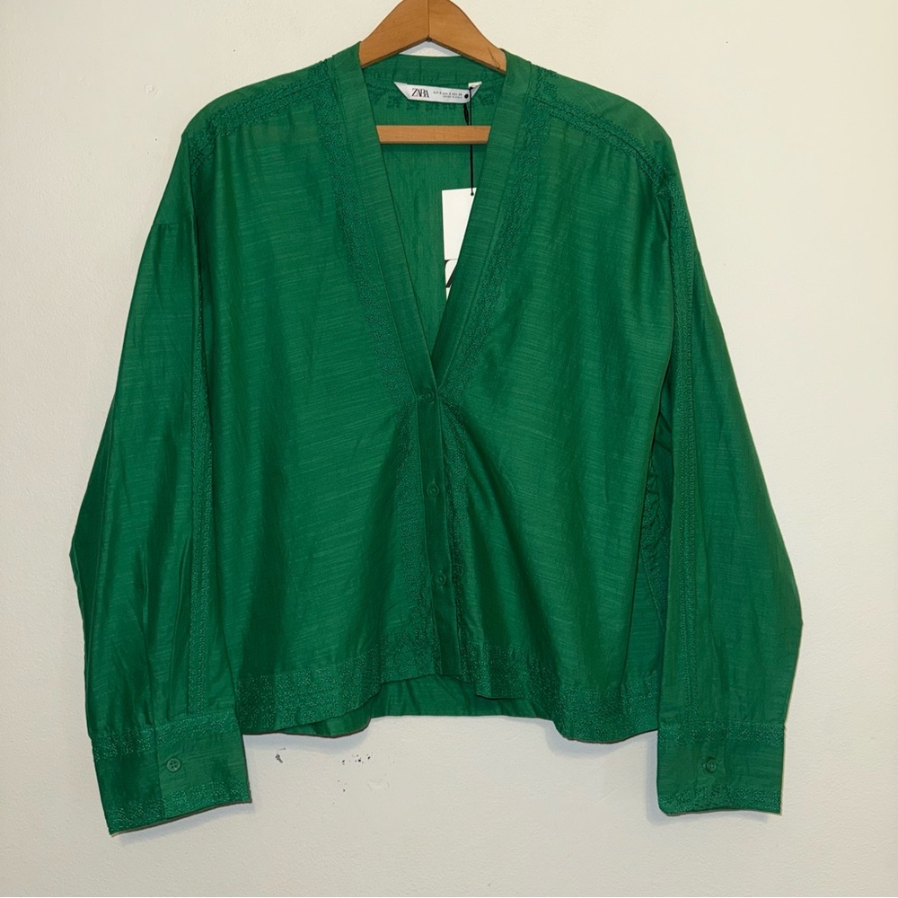 Zara Oversized Boho Boxy Embroidered Slouchy Comfy Blouse Emerald Green Sz Small
